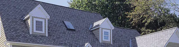 Cropped view of a home with an asphalt-shingle roof.