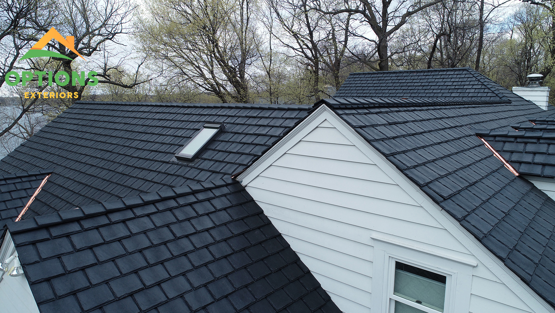 Dark new roof with white vinyl trim